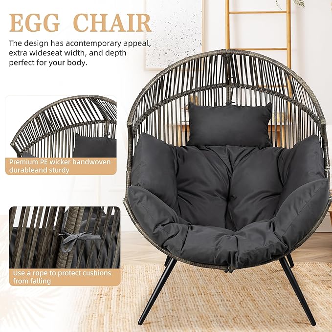 Vongrasig Comfy Wicker Egg Chair, Soft Thick Cushion Rattan Lounge Chair, High Capacity Steel Frame, Reading Chair for Living Room, Bedroom, Dorm Rooms (Black/Rattan)