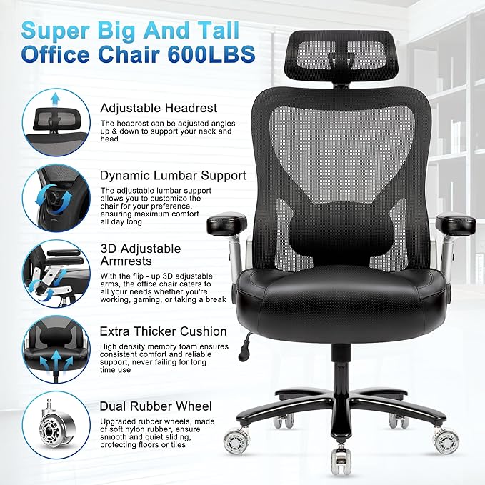 Super Big and Tall Office Chair 600lbs- Heavy Duty Executive Computer Chair with Rubber Wheels 3D Flip Arms, Ergonomic Mesh High Back Desk Chair, Extra Wide Seat Adjustable Lumbar Support&Headrest