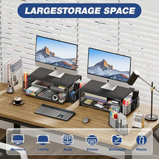 OPNICE Desk Organizer and Accessories, 2-Tier Computer Monitor Stand with Drawer and 2 Pen Holders, Laptop Stand, Office Desk Accessories for Office Supplies, Carbon Fiber