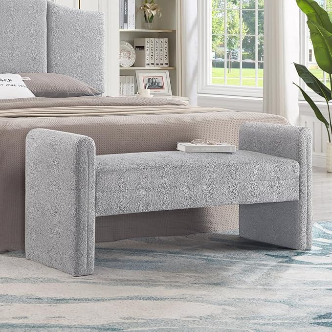 24KF Modern Upholstered Bed Bench Covered with Soft Boucle Teddy Fabric, Lovely Entryway Bench Ottoman with Armrest,5062-Gray
