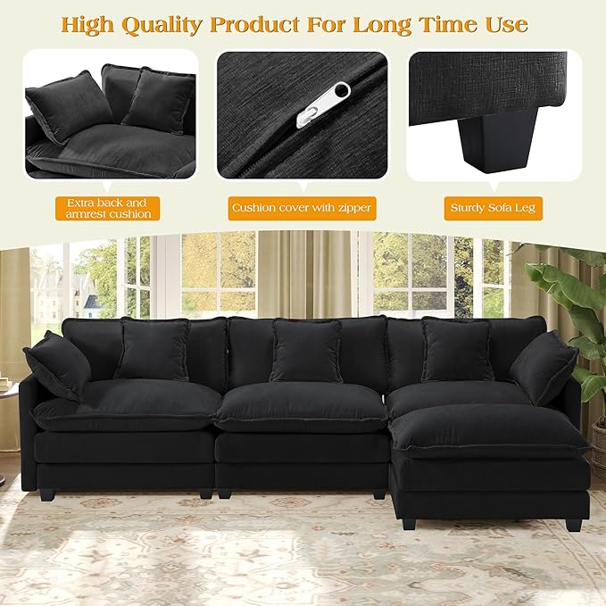 113.4" Modular Sectional Sofa,L Shaped Couch for Living Room,Modern Deep Seat Sofa 3 Seater Chenille Fabric Comfy Cloud Couches with Throw Pillows & Movable Ottoman