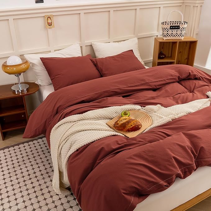 ECOCOTT Duvet Cover Queen Size - Linen Feel Organic Natural 100% Washed Cotton, Soft Breathable 3 Pieces Bedding Set with Zipper Closure, Burnt Brick Red