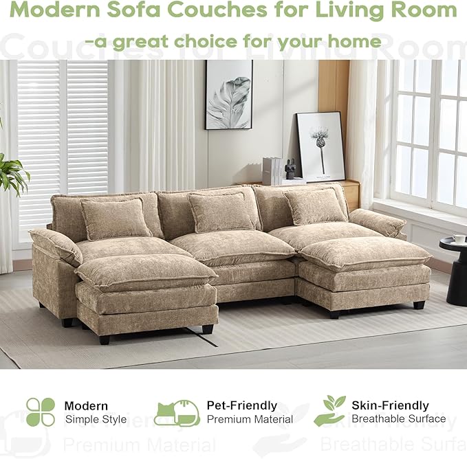 120" Modular Sectional Sofa, Comfy Cloud Couch Sectional Sofa with Ottoman, Chenille Sofa Sleeper Deep Seat Sofa with Throw Pillows for Living Room (Khaki, 120"- U Shape)