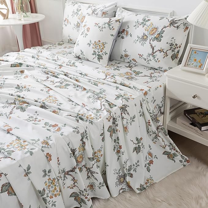 FADFAY Elegant Floral Bed Sheet Set Vintage Farmhouse 100% Cotton Ultra Soft Girls Bedding with Deep Pocket Fitted Sheet 4Pcs, Full Size