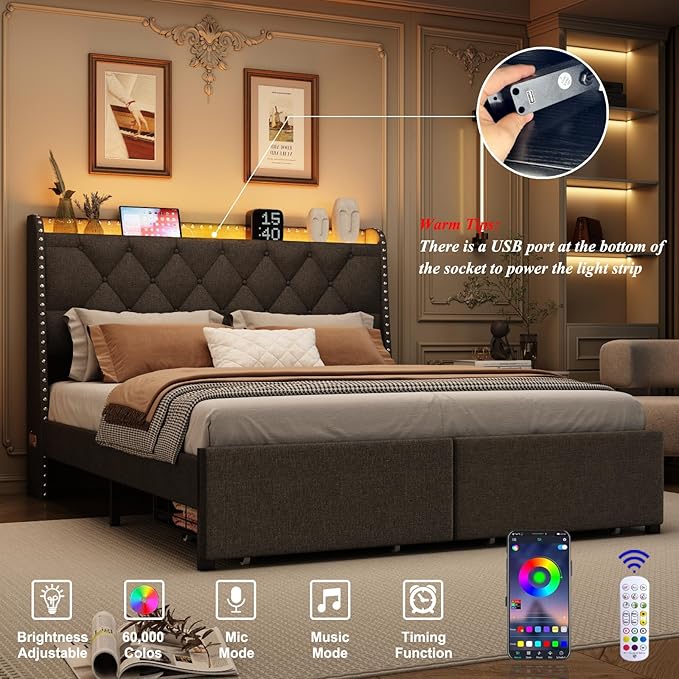 Full Size Bed Frames with Storage Headboard and 2 Drawers, Upholstered Button Linen Platform Bed Frame Full with Led Lights and Charging Station, No Box Spring Needed, Easy Assembly, Noise Free, Gray