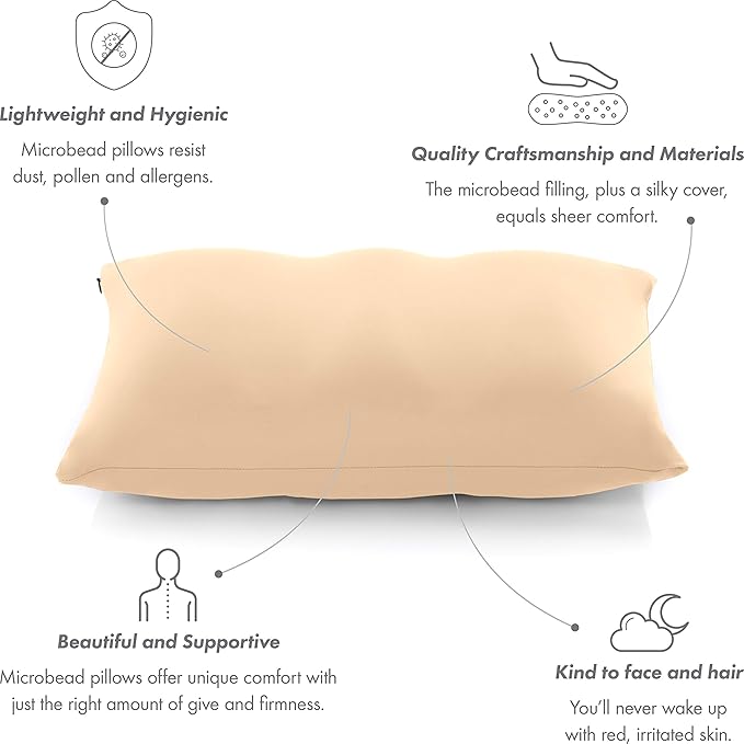 Cover Only for Premium Microbead Bed Pillow, Small Extra Smooth - Ultra Comfortable Sleep with Silk Like Anti Aging Cover 85% Spandex/ 15% Nylon Breathable, Cooling Barely Beige