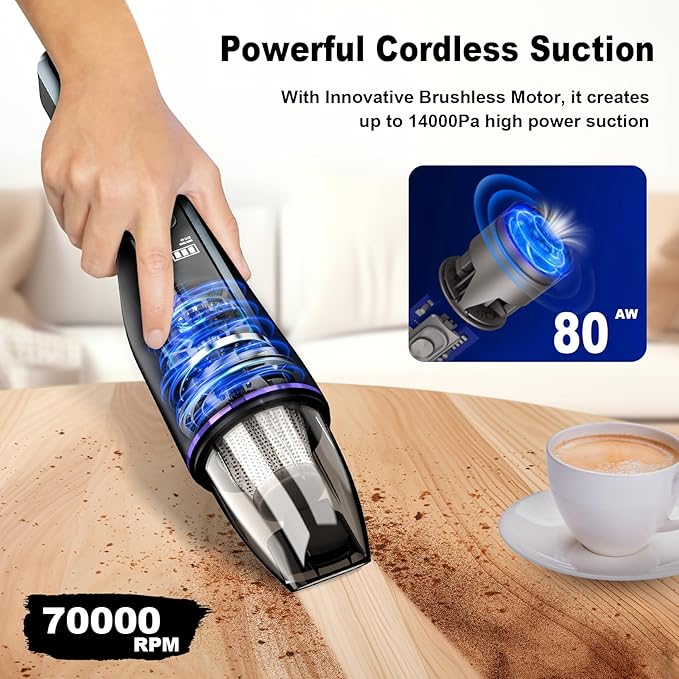 Handheld Vacuum Cleaner, Car Vacuum with Brushless Motor & 14000Pa Powerful Suction,1.2Lbs Lightweight, LED Light, Slim Mini Vacuum Cleaner for Car Home Office Pet Hair
