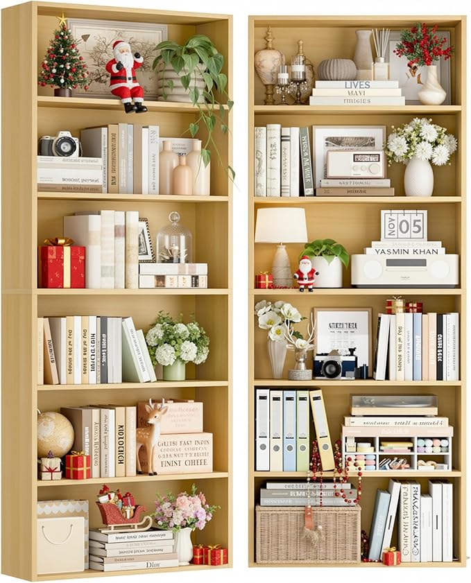 FOTOSOK 6-Tier Open Bookcase and Bookshelf Set of 2, Freestanding Display Storage Shelves Tall Bookcase for Bedroom, Living Room and Office, Natural