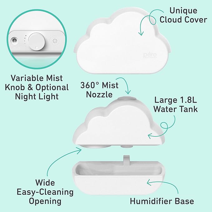 Pure Enrichment PureBaby Cloud Ultrasonic Cool Mist Humidifier Quiet Variable Mist for up to 24 Hrs Ideal for Baby Nurseries & Kids Bedrooms to Relieve Congestion Colds & Coughs, Night Light, BPA-Free