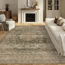 8x10 Washable Vintage Area Rug Green Brown Living Room Bedroom Carpet Non-Slip Soft Low Pile Distressed Indoor Large Throw Rug for Dining Room Office
