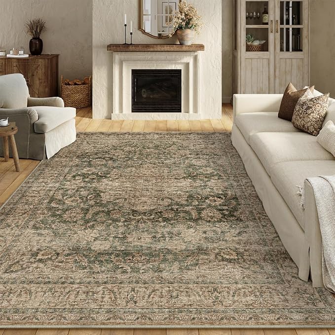 9x12 Vintage Area Rug Green Brown Living Room Bedroom Washable Carpet Non-Slip Soft Low Pile Distressed Indoor Large Throw Rug for Dining Room Office