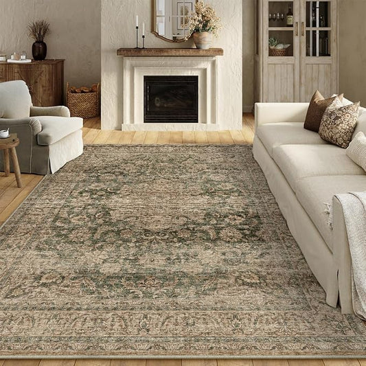 9x12 Vintage Area Rug Green Brown Living Room Bedroom Washable Carpet Non-Slip Soft Low Pile Distressed Indoor Large Throw Rug for Dining Room Office