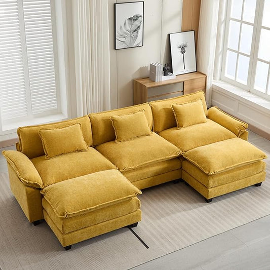 120" Modular Sectional Sofa, Comfy Cloud Couch Sectional Sofa with Ottoman, Chenille Sofa Sleeper Deep Seat Sofa with Throw Pillows for Living Room (Yellow, 120"- U Shape)