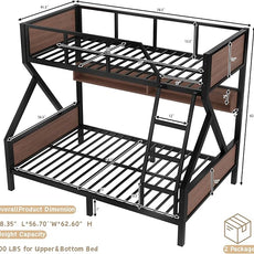 Twin over Full Bunk Bed with Storage Shelves, Metal Bunk Beds with Ladders and Lights, Heavy-duty Bunkbed for Bedrooms, Guest Rooms and Dorms, No Box Spring Needed and Noise-free Design, Black