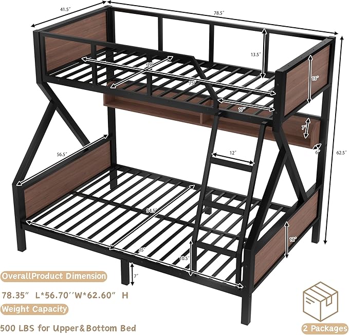Twin over Full Bunk Bed with Storage Shelves, Metal Bunk Beds with Ladders and Lights, Heavy-duty Bunkbed for Bedrooms, Guest Rooms and Dorms, No Box Spring Needed and Noise-free Design, Black
