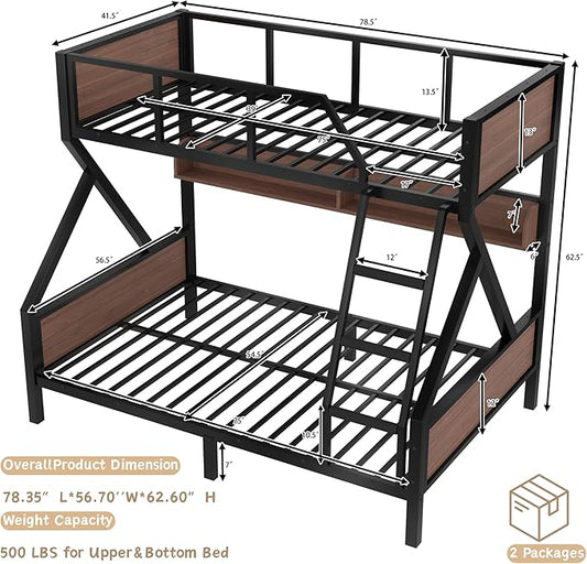 Twin over Full Bunk Bed with Storage Shelves, Metal Bunk Beds with Ladders and Lights, Heavy-duty Bunkbed for Bedrooms, Guest Rooms and Dorms, No Box Spring Needed and Noise-free Design, Black
