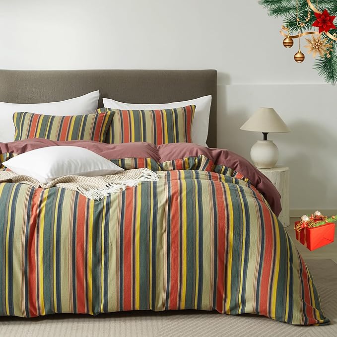 VM VOUGEMARKET Multicolor Striped Duvet Cover Queen Size Washed Cotton Stripes Bedding Duvet Cover Set - Cozy Boho Stylish Bedding Set for Men & Women