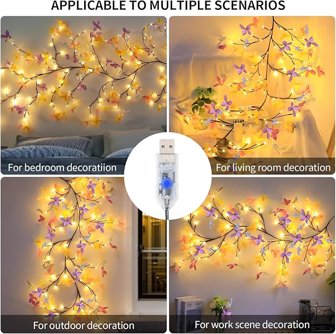 Butterfly Enchanted Willow Vine Lights, 7.55FT 144LED 3 Color Butterfly Blossom Tree Branch Lights for Wall, Remote Timer,8 Light Model,Bedroom Wall Doors Wedding, Christmas, USB Battery Box