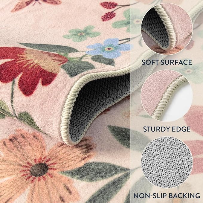 Lahome Floral Kitchen Runner, 2X6 Washable Runner Rug Non-Slip, Ultra-Thin Soft Hallway Rug Stain Resistant Boho Carpet for ‎Bedroom Laundry Bathroom, Light Pink