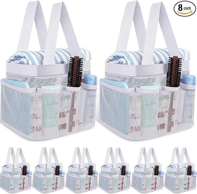8 Packs Mesh Shower Caddy Portable Large Shower Caddy Dorm with 8 Pockets and Handles Quick Dry Shower Bags Hanging Bath Bag Dorm Room College Essentials for Bathroom Gym Camp (White)