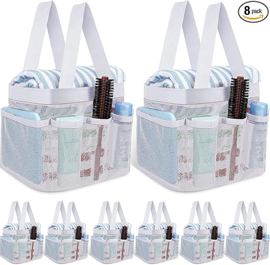 8 Packs Mesh Shower Caddy Portable Large Shower Caddy Dorm with 8 Pockets and Handles Quick Dry Shower Bags Hanging Bath Bag Dorm Room College Essentials for Bathroom Gym Camp (White)