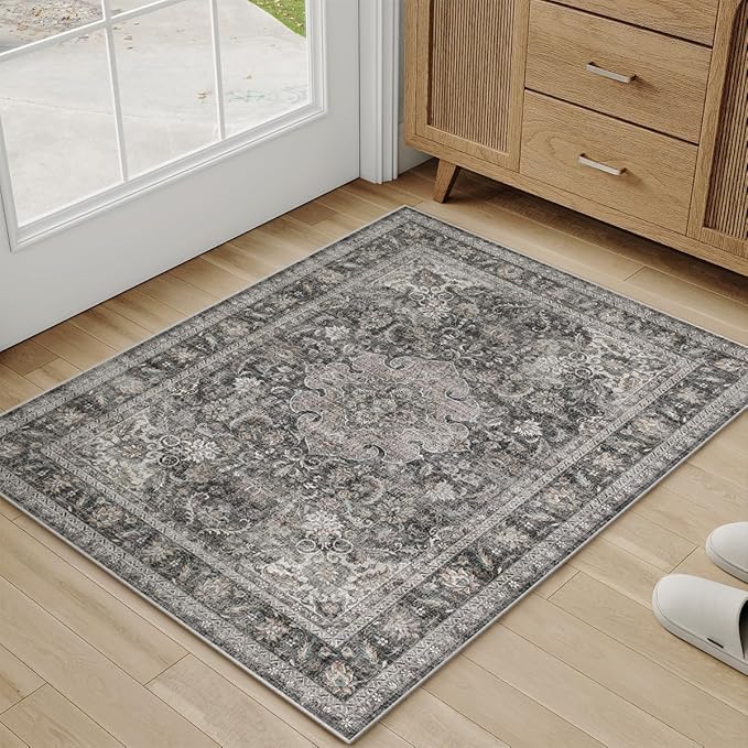 2x3 Washable Vintage Area Rug Black Grey Entryway Kitchen Carpet Non-Slip Soft Low Pile Distressed Indoor Small Throw Rug for Bedroom Bathroom Entrance
