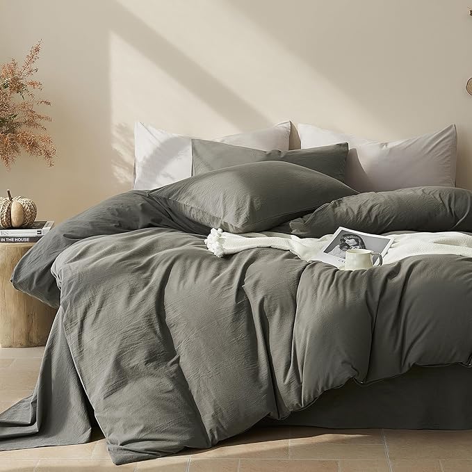 JELLYMONI Duvet Cover King Size - Washed Cotton Comforter Cover with Linen-Like Texture,Breathable & Soft Bedding for Modern Home,Guest Room and Everyday Use,Dark Grey 1 Duvet Cover & 2 Pillowcases
