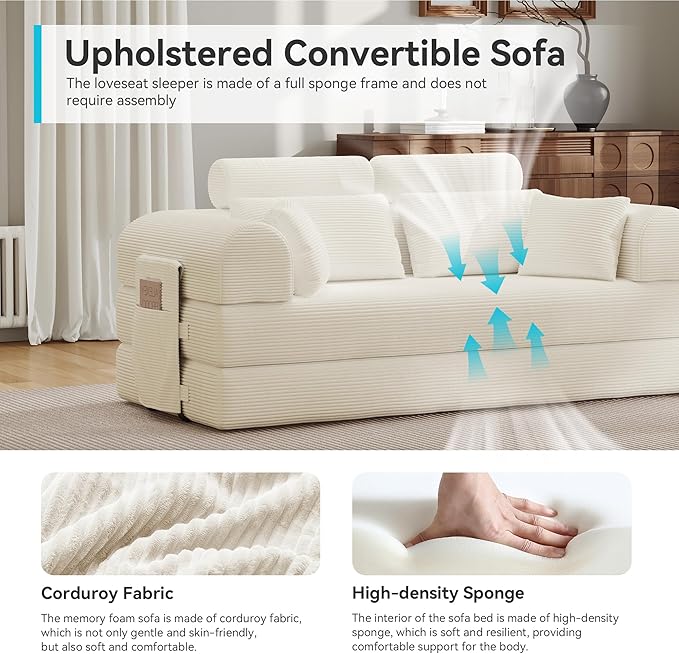 Upgrade High Backrest Design Sofa Bed with Fixed-Shape Frame & Removable Armrests and Backrest, Corduroy Fabric, Convertible Mattress Couch for Small Spaces - No Assembly Neede (High Backrest Beige)