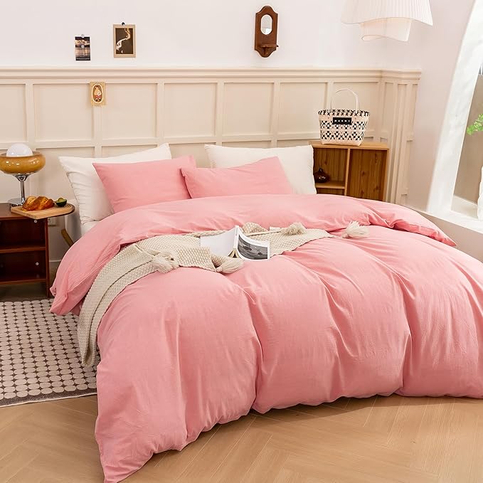ECOCOTT Pink Duvet Cover Queen Size - Linen Feel Organic Natural 100% Washed Cotton, Soft Breathable 3 Pieces Bedding Set with Zipper Closure