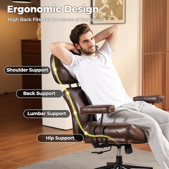 ovios Ergonomic Office Chair, High Back Faux Leather Executive Chairs with Thick Cushion, Comfy High-Century Modern Swivel Rolling Computer Armchair (Dark Brown, PU Leather)