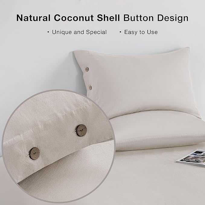 JELLYMONI Pillowcases Standard Set of 2 Cotton Button Pillow Covers 20×26in Beige Bed Pillow Cases 100% Washed Cotton Soft Breathable (Pillows are not Included)