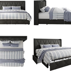 King Size Bed Frame with 4 Storage Drawers, Upholstered Platform Bed with Charging Station, Modern Wingback Storage Headboard, Easy Assembly,Noise-Free, Dark Gray
