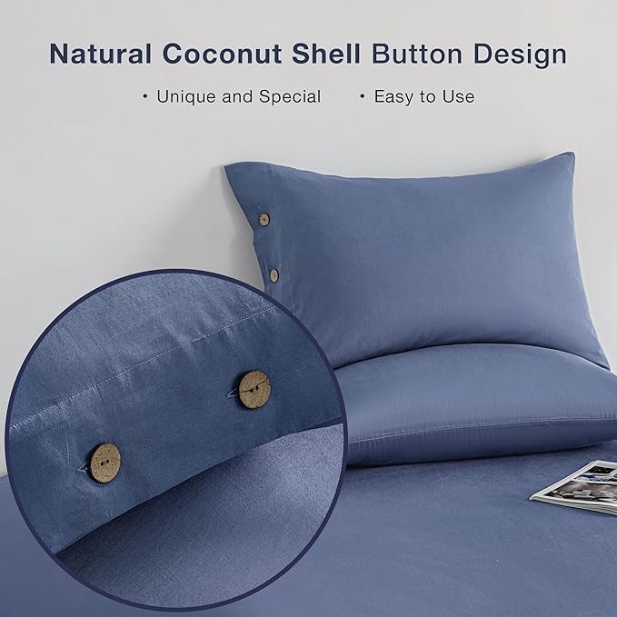JELLYMONI Cotton Pillowcases King Set of 2 Button Pillow Covers 20×36in Blue Bed Pillow Cases 100% Washed Cotton Soft Breathable (Pillows are not Included)