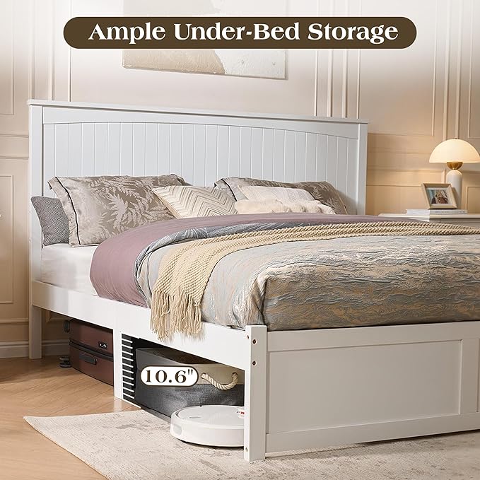 King Size Solid Wood Bed Frame with Storage, Mid-Century Modern Platform Bed with 50" Headboard & 2 Drawers, No Box Spring Needed/Quiet Support/Easy Assembly/Soft White Finish