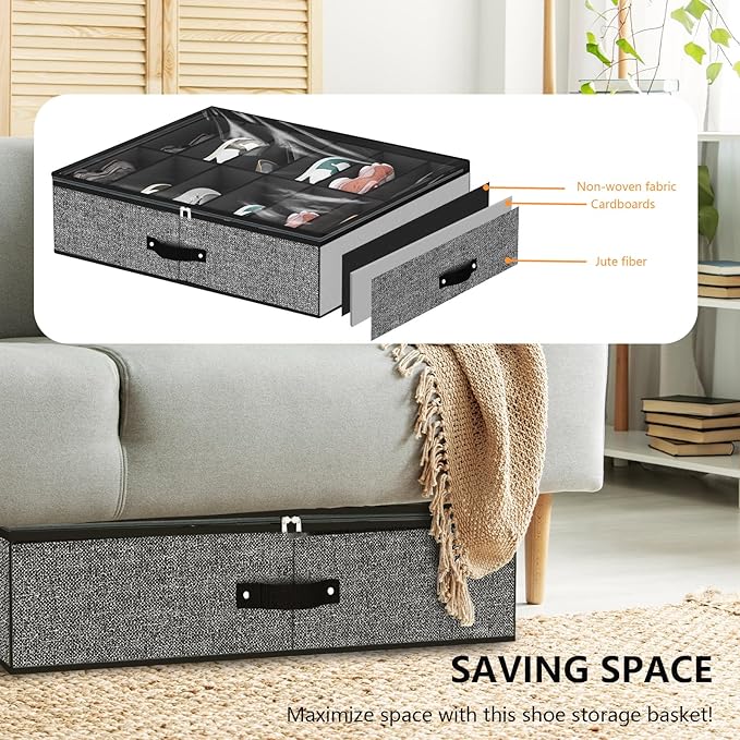 homyfort Under Bed Shoe Storage Organizer for Closet Fits 24 Pairs-Sturdy Underbed Shoe Storage Box Bins,Set of 2 (Linen-like Black)