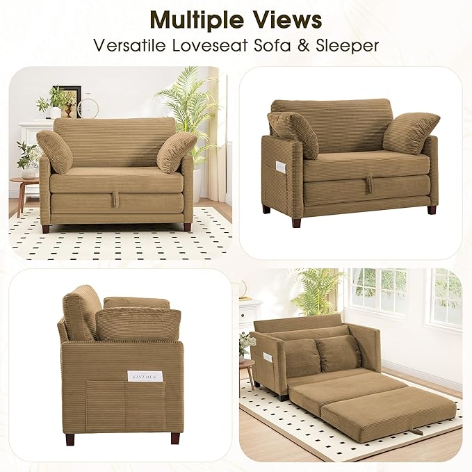 51" Convertible Loveseat Sofa Bed, 2-in-1 Folding Sofa Bed with 2 Pillow for Small Spaces, Modern Loveseat Sleeper Couch for Apartment, Living Room & Guest Room (Brown Corduroy, 51 inch)