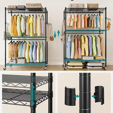 SONGMICS Heavy-Duty Rolling Clothes Rack, Garment Rack, Portable Closet, 43.3-Inch Wide Clothing Rack on Wheels, with Adjustable Mesh Shelves and Hanging Rails, Hooks, Ink Black ULGR414B01