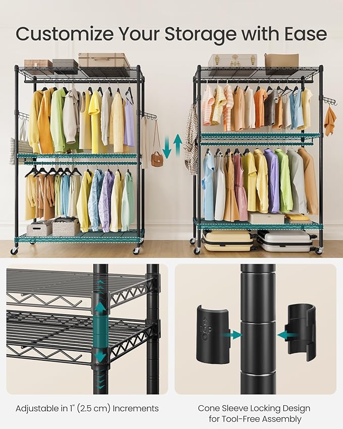 SONGMICS Heavy-Duty Rolling Clothes Rack, Garment Rack, Portable Closet, 43.3-Inch Wide Clothing Rack on Wheels, with Adjustable Mesh Shelves and Hanging Rails, Hooks, Ink Black ULGR414B01