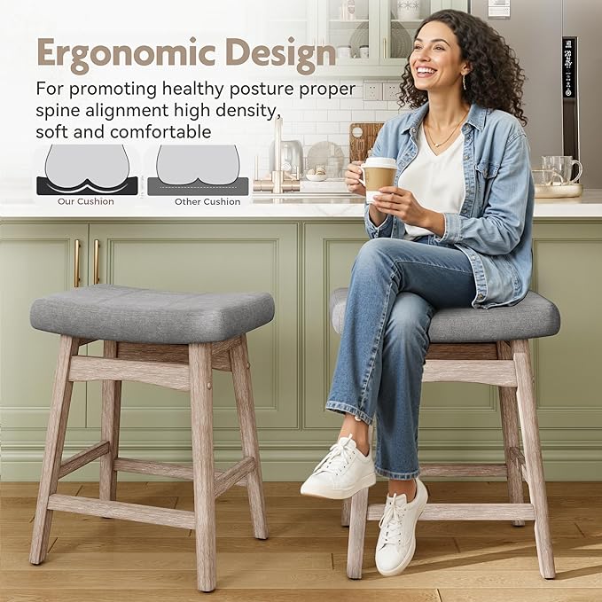 MAISON ARTS Counter Height Bar Stools Set of 2 for Kitchen Counter Solid Wood Legs with Fabric Saddle Seat Farmhouse Barstools for 34"-38" Counter Island Upholstered Stools, 24in, Grey Cushion