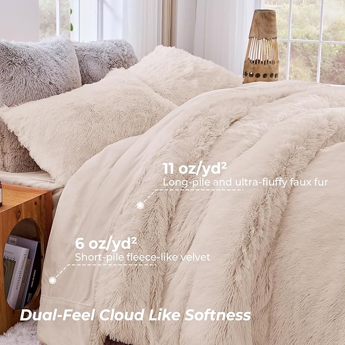 Sasttie 3-Piece Fluffy Duvet Cover Full, Ultra Soft Faux Fur and Velvet Beige Comforter Cover, Luxury Fuzzy Bedding Sets for Winter Bed, Includes 1 Duvet Cover and 2 Pillowcases, No Comforter