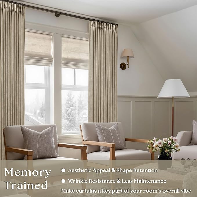 Pinch Pleated Linen Curtains 102 Inches Long 2 Panels Set for Living Room Bedroom Farmhouse Burlap Back Tab Pinch Pleat Drapes Ceiling Floor Window Curtains 102 Inch Length Gray Beige Tan Neutral