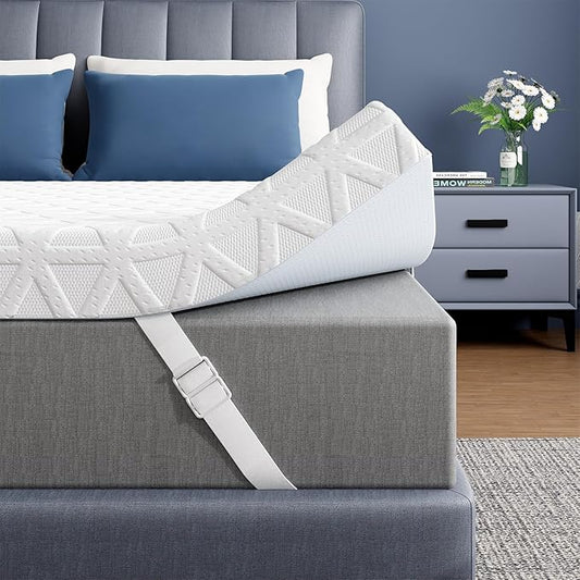 ELEMUSE 2 Inch Gel Memory Foam Mattress Topper Queen - Cooling Ice Silk Removable & Washable Cover, Mattress Topepr for Back Pain Relief, Adjustable Strap & Non-Slip, CertiPUR-US Certified