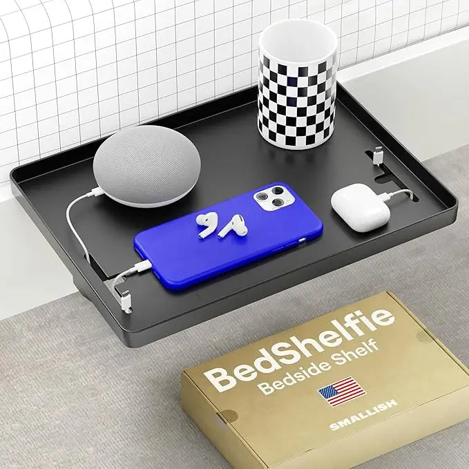 BedShelfie Bedside Shelf for Dorm Room Bunk Bed & Top Bunk, College Dorm Room Essentials, Bedside Caddy, Clip on Floating Desk Tray, Bed Side Table Storage, Loft Nightstand Decor - Cable Catch, Black BedShelfie