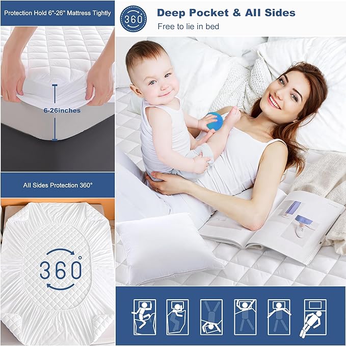 GRT King Waterproof Mattress Pad, 100% Waterproof Quilted Fitted Mattress Protector, Noiseless Hollow Cotton Mattress Cover, Fitted 8"-26" Deep, Dust Proof