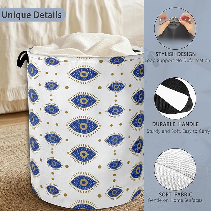 Evil Eyes Laundry Basket,Foldable Oxford Cloth Tote Bag Laundry Hamper Clothes Storage Bucket Organizer for Bedroom Laundry Storage Dormitories 16" x 20.8"