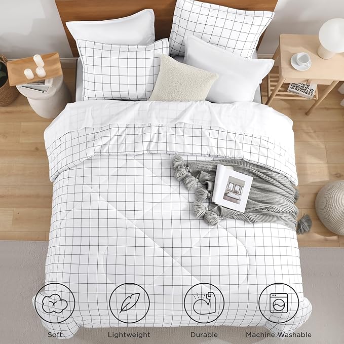 Andency King Size Comforter Set White Gingham, Plaid Grid Checkered Bedding Comforter Set for King Size Bed, 3 Pieces Lightweight Reversible Modern Geometric Bedding Set(104x90 Inch)