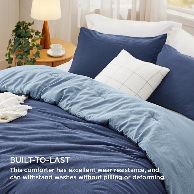 Bedsure Queen Size Comforter Set, Reversible Navy Soft Prewashed Bedding for All Seasons, 3 Pieces Warm Down Alternative Bed Set, 1 Lightweight Comforter (90"x90") and 2 Pillowcases (20"x26")