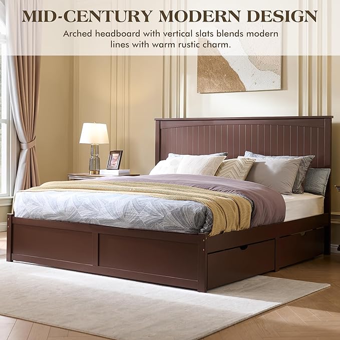 Full Size Solid Wood Bed Frame with Storage, Mid-Century Modern Platform Bed with 50" Headboard & 2 Drawers, No Box Spring Needed/Quiet Support/Easy Assembly/Espresso Brown Finish