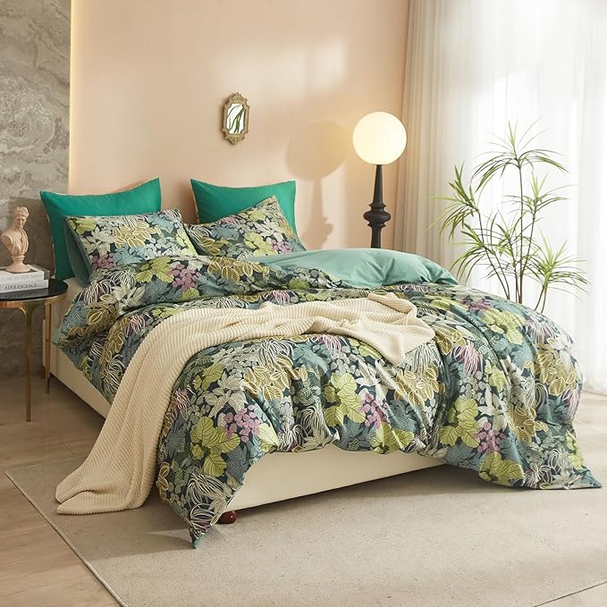 HighBuy Garden Leaves King Duvet Cover Cozy Cotton Vintage Tropical Green Bedding Sets Women Girls Chic Boho Comforter Cover Cottagecore Bedding Comforter Cover with 2 Pillowcases King Bedding