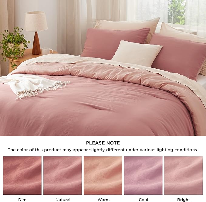 Bedsure Queen Size Comforter Set, Reversible Pink Clay Soft Prewashed Bedding for All Seasons, 3 Pieces Warm Down Alternative Bed Set, 1 Lightweight Comforter (90"x90") and 2 Pillowcases (20"x26")